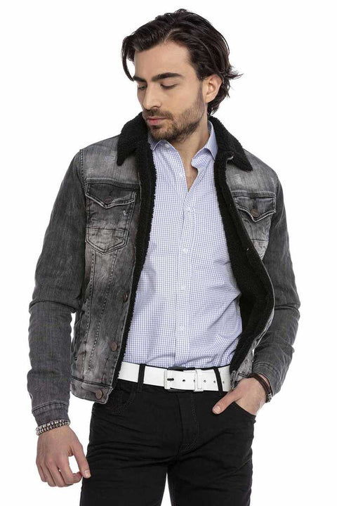 CJ239 Washed Fabric Fur Lined Denim Men's Jacket