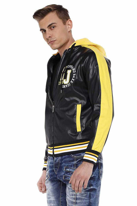 CJ237 Ribbed Men's Leather Jacket with Striped Sleeves
