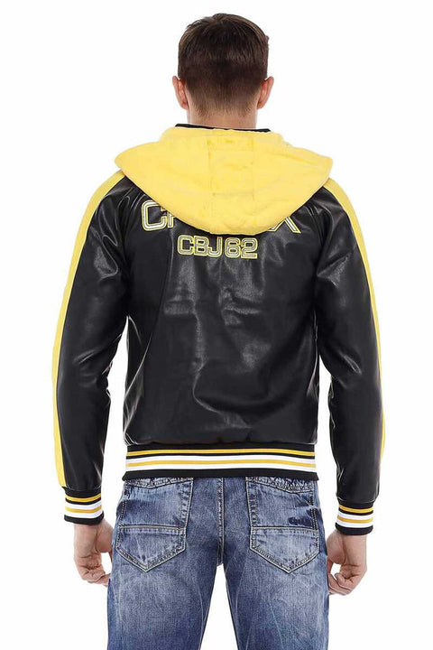 CJ237 Ribbed Men's Leather Jacket with Striped Sleeves