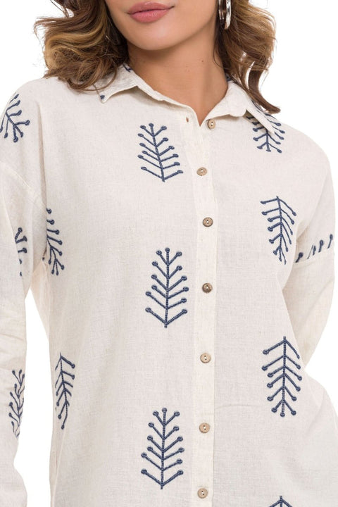 WH129 Embroidery Detailed Linen Women's Shirt