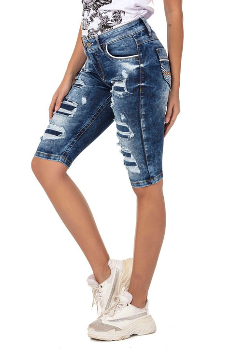 WK181 Patched Ripped Long Denim Shorts