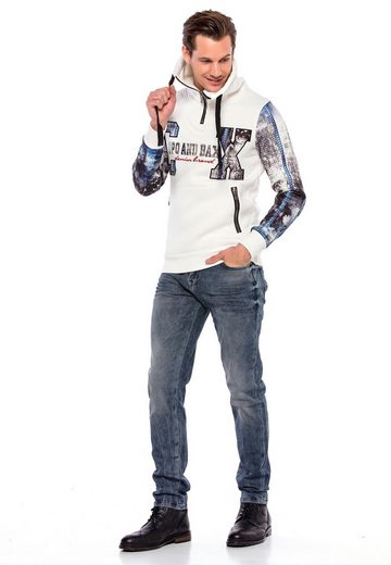 CL366 Zippered Stand-Up Collar Printed Sleeve Men's Sweatshirt