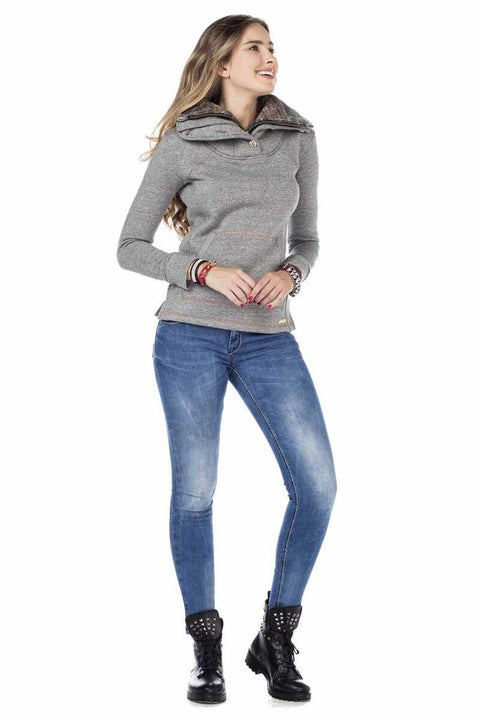 Women's Double Layer Collared Basic Sweatshirt with Pockets