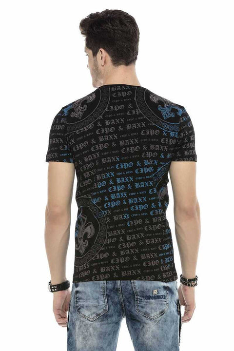 CT554 Text Patterned T-Shirt with Stones on Shoulders