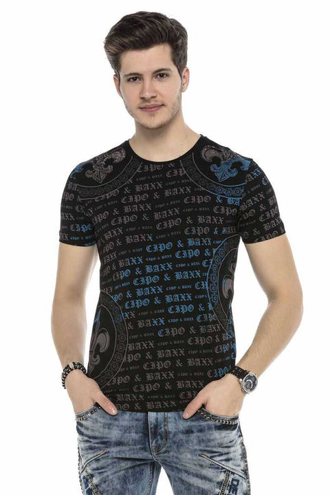 CT554 Text Patterned T-Shirt with Stones on Shoulders