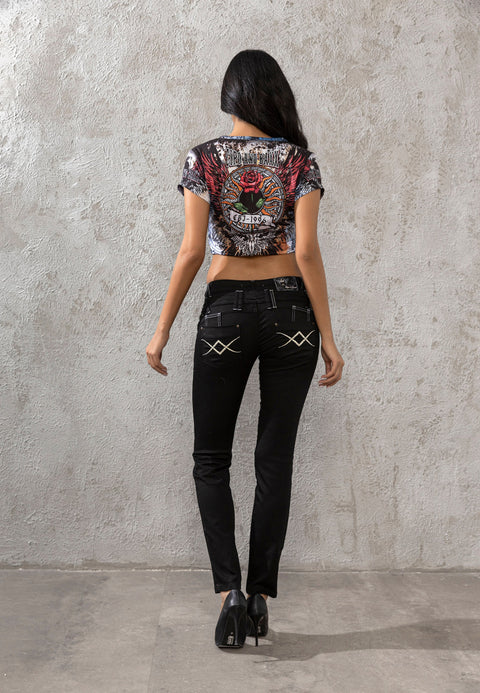 WD228 Double Belt Embroidered Women's Jeans