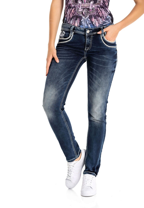 WD259 Women Jeans Stonewashed with colored seams in casual