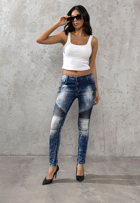 WD361 Decorative Stitched Washed Fabric Jean Trousers