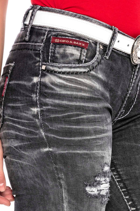 WD432 Women's tube jeans with trendy destroyed elements