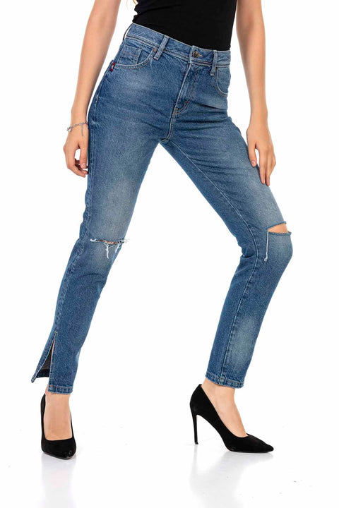 WD448 Torn Knee Blue Mom Jean Pants