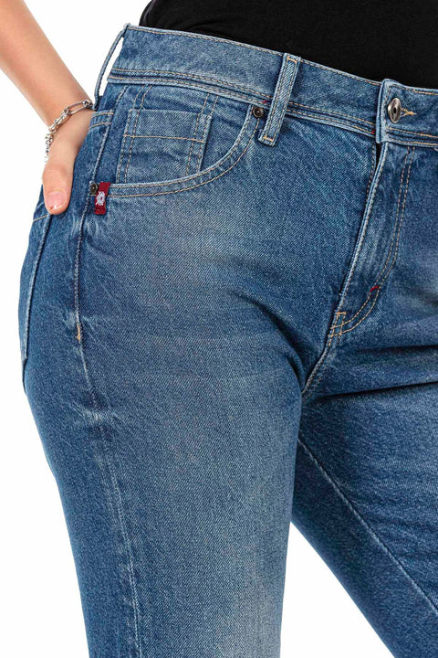 WD448 Torn Knee Blue Mom Jean Pants