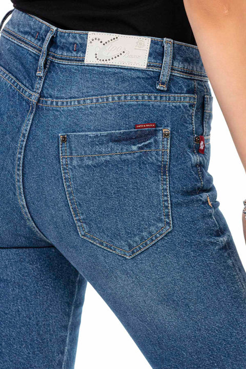 WD448 Torn Knee Blue Mom Jean Pants
