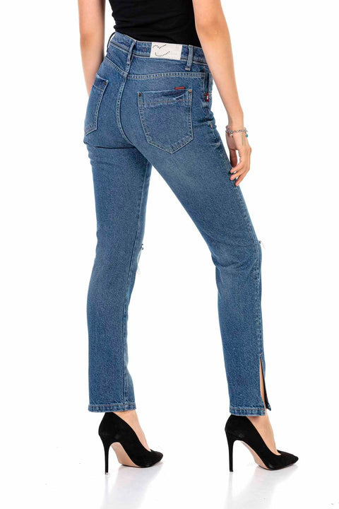 WD448 Torn Knee Blue Mom Jean Pants