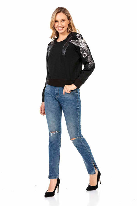 WD448 Torn Knee Blue Mom Jean Pants