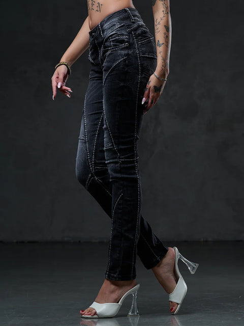 WD477 Women Straight jeans with trendy decorative stitching