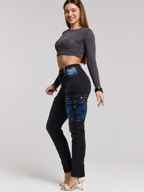 WD521 Contrast Colored Women's Jean Trousers with Cargo Pockets