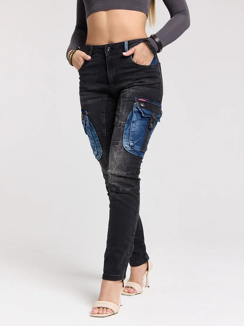 WD521 Contrast Colored Women's Jean Trousers with Cargo Pockets