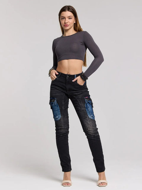 WD521 Contrast Colored Women's Jean Trousers with Cargo Pockets
