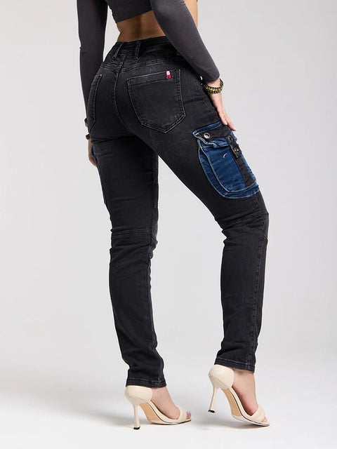 WD521 Contrast Colored Women's Jean Trousers with Cargo Pockets