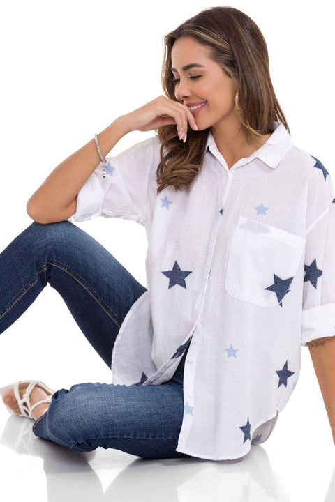 WH127 Star Detailed Oversized Linen Shirt
