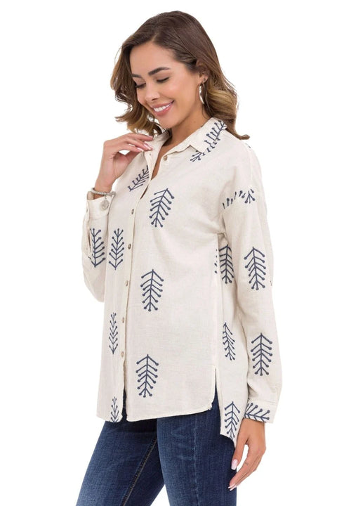 WH129 Embroidery Detailed Linen Women's Shirt