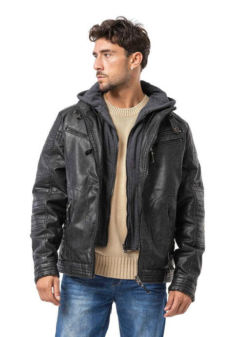CM231 Men's winter jacket – PU leather look | zipper & detachable hood