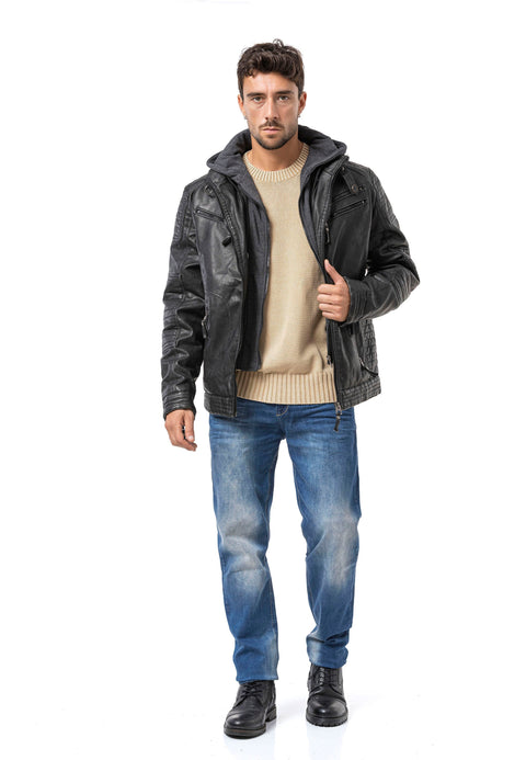 CM231 Men's winter jacket – PU leather look | zipper & detachable hood