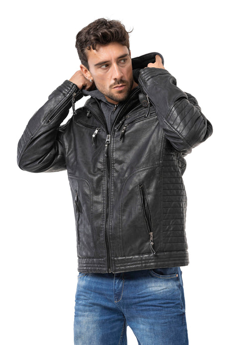 CM231 Men's winter jacket – PU leather look | zipper & detachable hood