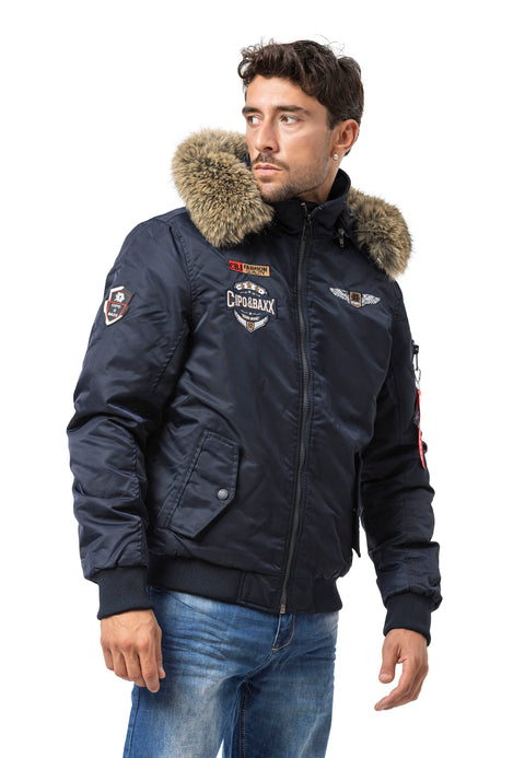 CM229 Men Winter bomber jacket – Warmly lined with fur hood & distinctive patch details