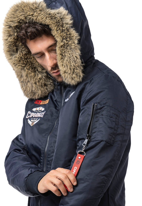 CM229 Men Winter bomber jacket – Warmly lined with fur hood & distinctive patch details