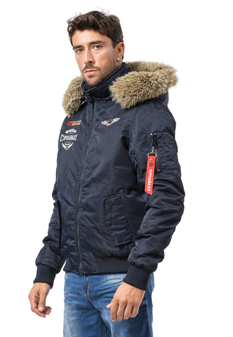 CM229 Men Winter bomber jacket – Warmly lined with fur hood & distinctive patch details