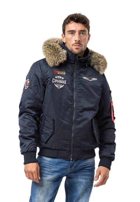 CM229 Men Winter bomber jacket – Warmly lined with fur hood & distinctive patch details