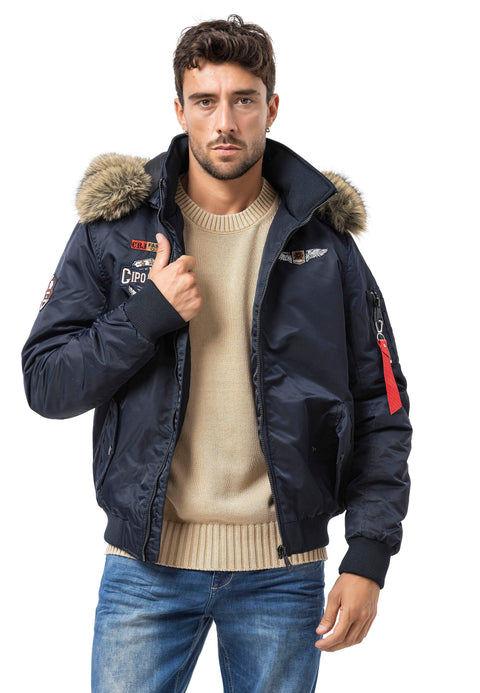 CM229 Men Winter bomber jacket – Warmly lined with fur hood & distinctive patch details