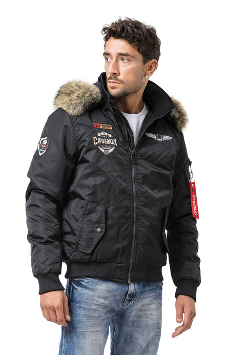 CM229 Men Winter bomber jacket – Warmly lined with fur hood & distinctive patch details