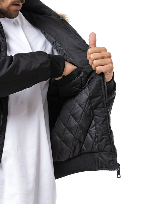 CM229 Men Winter bomber jacket – Warmly lined with fur hood & distinctive patch details