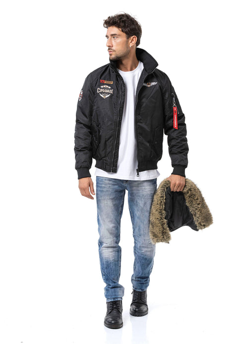 CM229 Men Winter bomber jacket – Warmly lined with fur hood & distinctive patch details