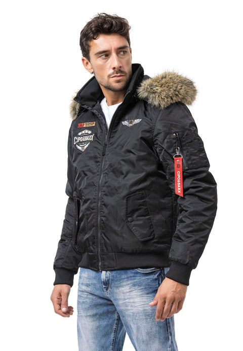 CM229 Men Winter bomber jacket – Warmly lined with fur hood & distinctive patch details