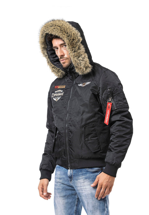 CM229 Men Winter bomber jacket – Warmly lined with fur hood & distinctive patch details