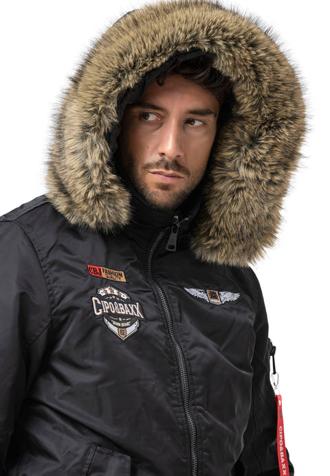 CM229 Men Winter bomber jacket – Warmly lined with fur hood & distinctive patch details