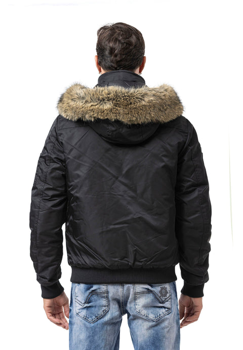 CM229 Men Winter bomber jacket – Warmly lined with fur hood & distinctive patch details