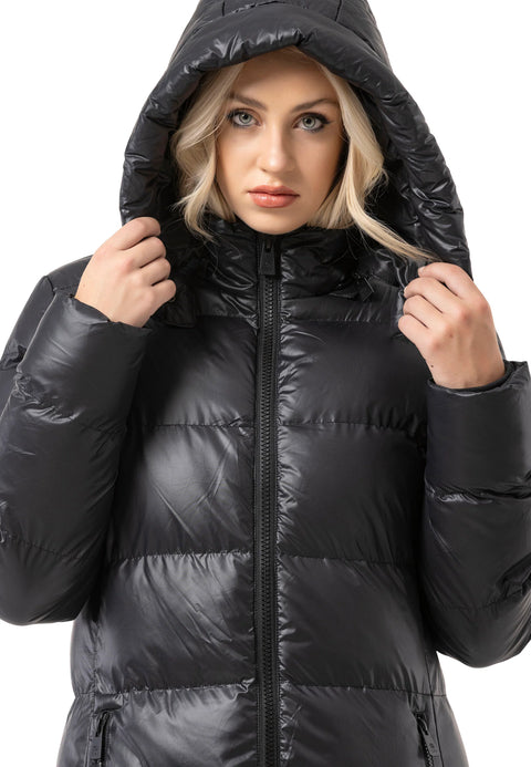 WM143 Women quilted coat in black with hood