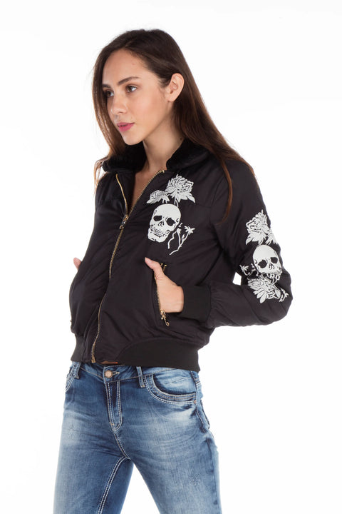 WJ137 Dragon Skull Embroidered Fur Collar Women's Coat