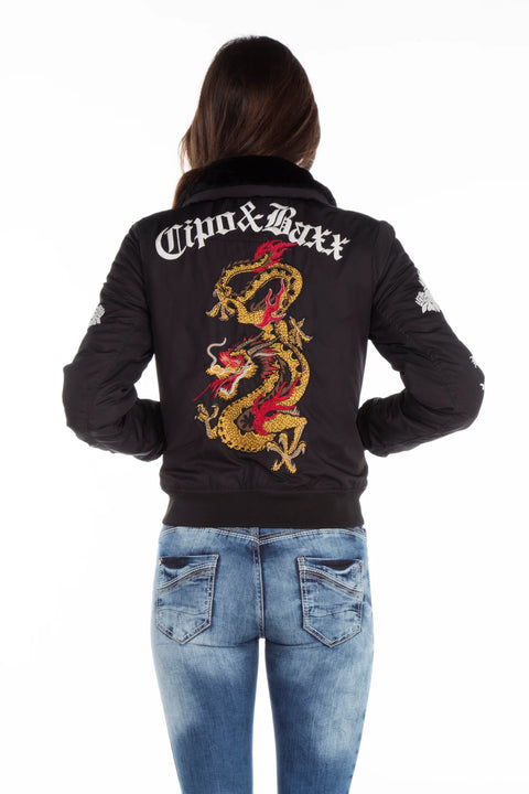 WJ137 Dragon Skull Embroidered Fur Collar Women's Coat