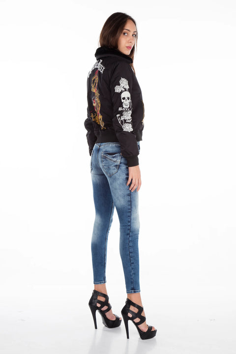 WJ137 Dragon Skull Embroidered Fur Collar Women's Coat