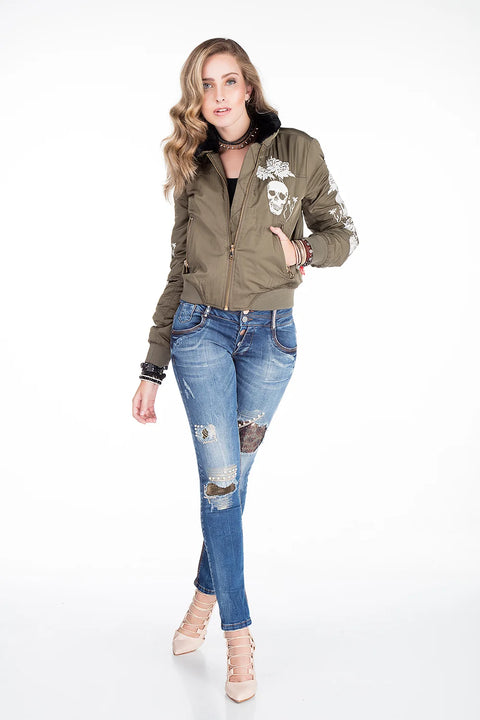WJ137 Dragon Skull Embroidered Fur Collar Women's Coat