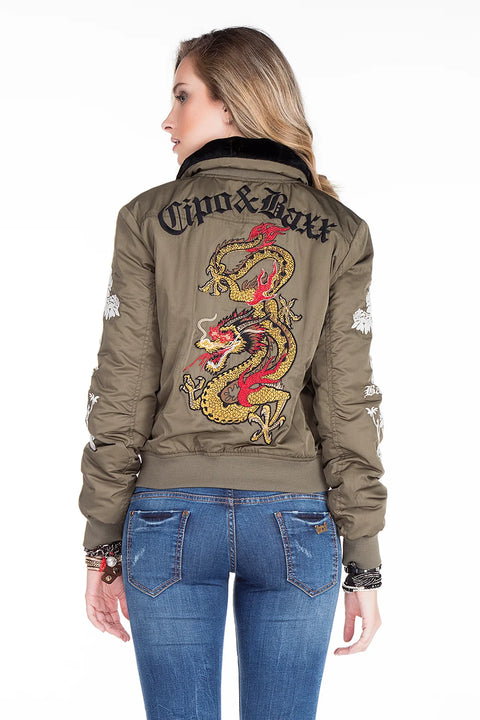 WJ137 Dragon Skull Embroidered Fur Collar Women's Coat