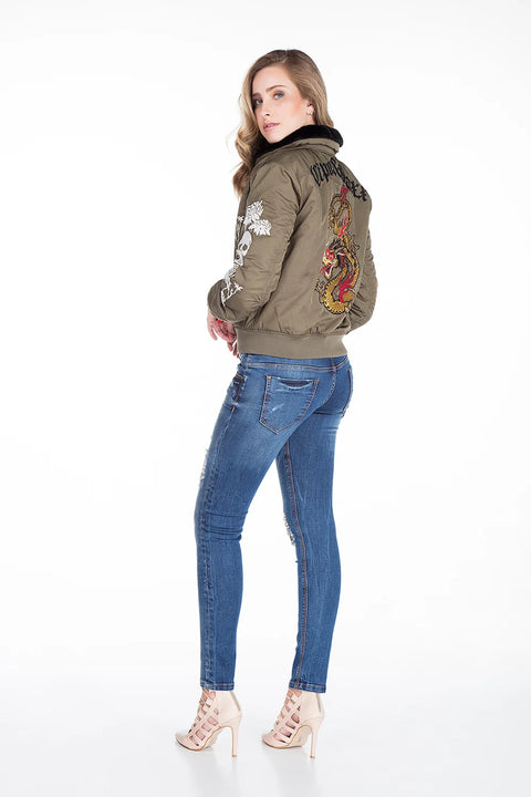 WJ137 Dragon Skull Embroidered Fur Collar Women's Coat