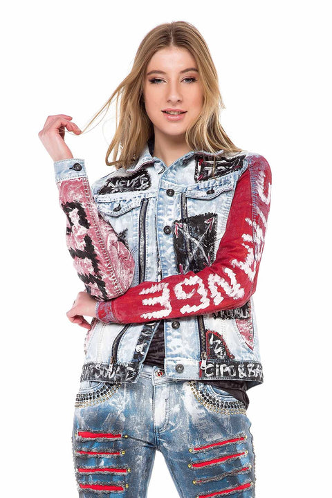 WJ162 Women's denim jacket with a colorful pattern