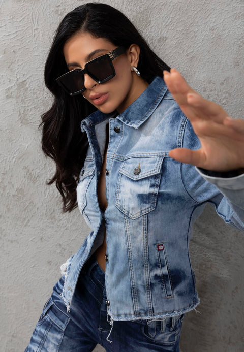 WJ229 Trendy Women Denim Jacket with Sophisticated Back Design