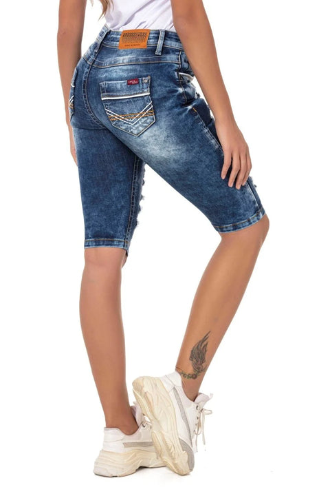 WK181 Patched Ripped Long Denim Shorts